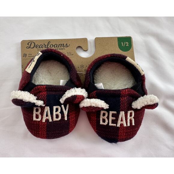 Brand New Dearfoams Baby Infant BEAR MEMORY FOAM PLAID SLIPPERS Size 1/2 - Picture 1 of 5